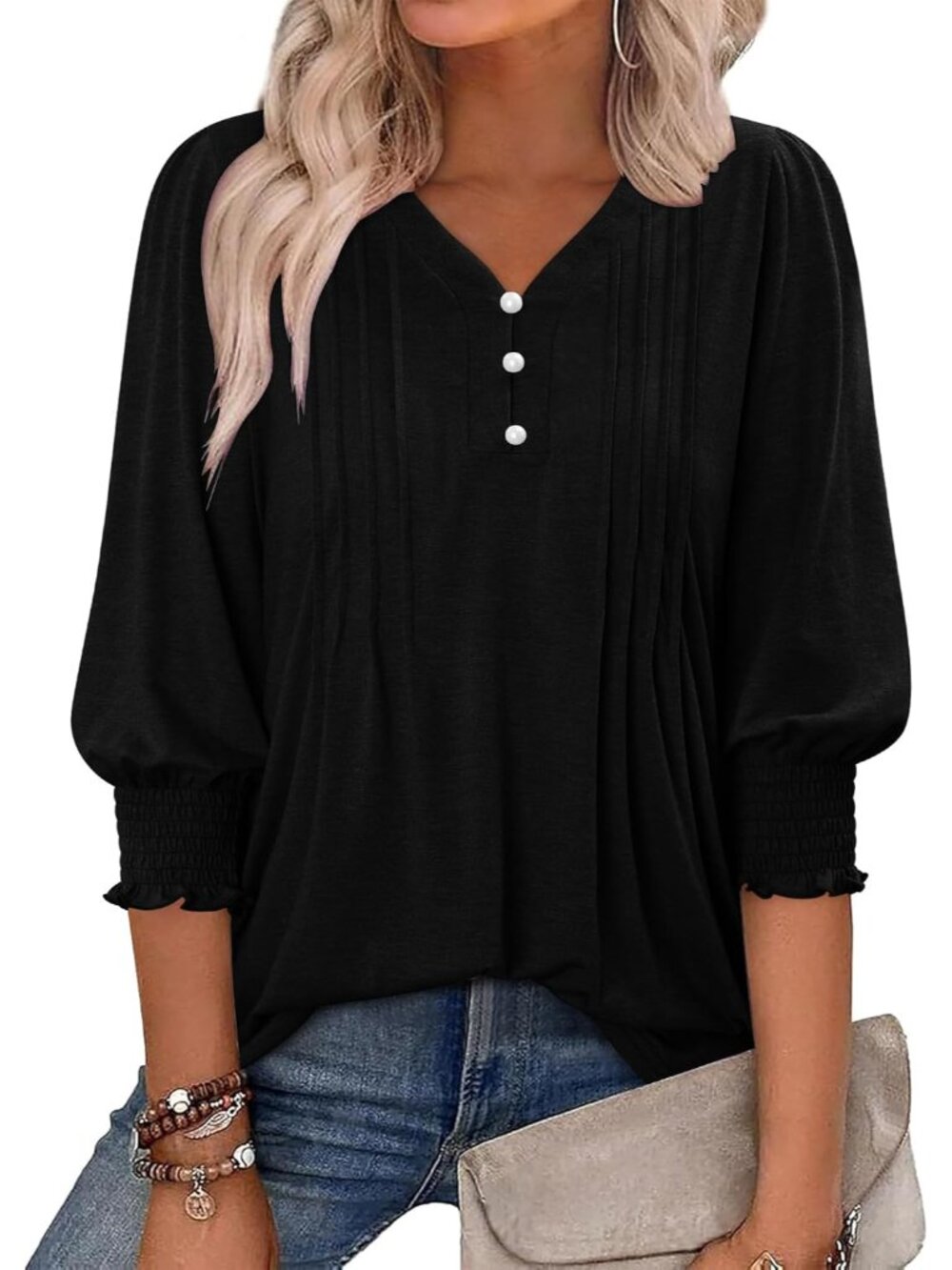 3/4 Length Sleeve Womens Tops V-Neck Tunic Button Down Business Casual Blouses T